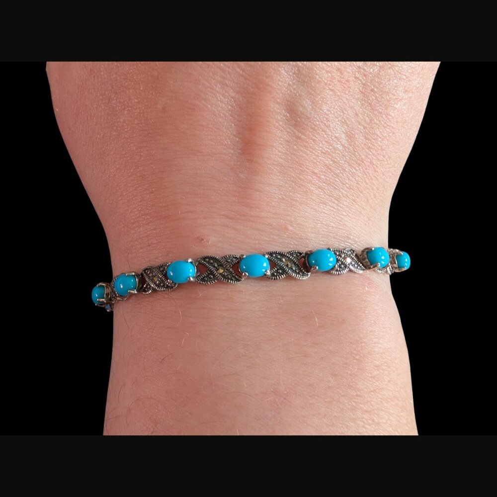 925 Sterling Marcasite Faux Turquoise XO Size 7" Bracelet